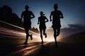 Marathon runner running on city road at sunset. Group of people running on road at night. Royalty Free Stock Photo