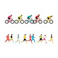 Marathon runners. Bicycle riders. People run side view. Cyclists ride side view. Bicycle racing