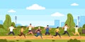 Marathon runners. Cartoon people running race in park, persons on sport exercises. Vector active competition