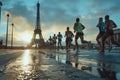 Marathon runners at dawn with Eiffel Tower in Paris