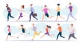 Marathon runners. Helthy sport fitness people outdoor jogging lifestyle activity exact vector illustrations set