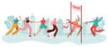 Marathon runners, sport winner at finish, athlete race, competition in city jogging and run cartoon vector illustration.