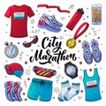 Marathon running clothing, gear and accessories essential kit. Vector doodle style illustration