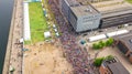 Marathon running race, aerial view of start and finish line with many runners from above, road racing, sport competition Royalty Free Stock Photo