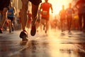 Marathon running race people feet on city road at sunrise - Ai Generated Royalty Free Stock Photo