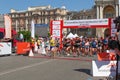 Marathon, starting line. Run competition. Men and women running
