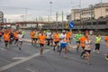 Marathon on the streets of Lisbon. Active people. Group of runners in the city. Urban sport. Competition and healthy activity.