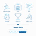 Marathon thin line icons set: runner, start, finish, stopwatch, running shoes, award. Vector illustration