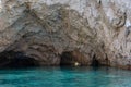 Marathonisi cave and beach on Turtle island Marathonisi, Greece, south of the island of Zakynthos, Greece.