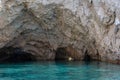 Marathonisi cave and beach on Turtle island Marathonisi, Greece, south of the island of Zakynthos, Greece. Royalty Free Stock Photo