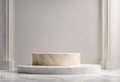 Marbel podium for product showcase. White marble display. Natural light copy space. Minimal abstract cosmetic background