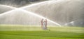 Marbella - January 13, 2020: Football players collect balls after football training. watering the football field