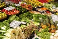 Marbella, Malaga province, Andalucia, Spain - March 18, 2019 : fresh fruits and vegetables for sale in a local farmers market Royalty Free Stock Photo