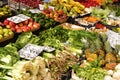 Marbella, Malaga province, Andalucia, Spain - March 18, 2019 : fresh fruits and vegetables for sale in a local farmers market Royalty Free Stock Photo