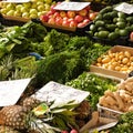 Marbella, Malaga province, Andalucia, Spain - March 18, 2019 : fresh fruits and vegetables for sale in a local farmers market Royalty Free Stock Photo