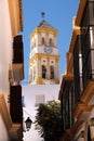 Marbella old town church bell tower spanish village scene Royalty Free Stock Photo