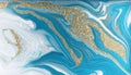 Marble abstract acrylic background. Blue marbling artwork texture. Agate ripple pattern. Gold powder. Royalty Free Stock Photo