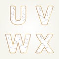 Marble alphabet, signs letters U,V,W,X. Modern white marble font