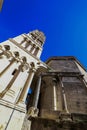 Marble roman architecture in city center of town Split, view at square Peristil in front of cathedral Saint Domnius and bell tower