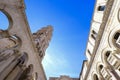 Marble roman architecture in city center of town Split, view at square Peristil in front of cathedral Saint Domnius and bell tower