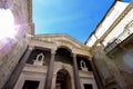 Marble roman architecture in city center of town Split, view at square Peristil in front of cathedral Saint Domnius and bell tower