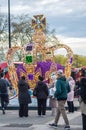 MARBLE ARCH, LONDON - 4 May 2023: Giant 16ft crown installed at Marble Arch ahead of King Charles III Coronation