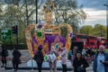 MARBLE ARCH, LONDON - 4 May 2023: Giant 16ft crown installed at Marble Arch ahead of King Charles III Coronation