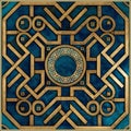 Marble art Deco blue gold greek seamless pattern with round mandala and square frame. Luxury grunge ornamental greek background. Royalty Free Stock Photo