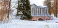 Marble bridge in snowfall, winter Catherine Park Royalty Free Stock Photo