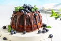 Marble bundt cake with chocolate icing and blueberries Royalty Free Stock Photo