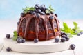 Marble bundt cake with chocolate icing and blueberries Royalty Free Stock Photo