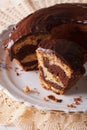 Marble cake with chocolate chopped into pieces close-up. vertica Royalty Free Stock Photo
