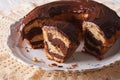 Marble cake with chocolate cut on a plate. horizontal Royalty Free Stock Photo