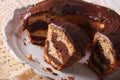Marble cake with chocolate frosting cut close-up. horizontal Royalty Free Stock Photo