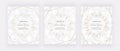 Marble cards with golden geometric polygonal lines and hand drawn wreath frames. Decorative lines borders. Template for wedding in