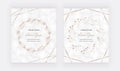 Marble cards with golden geometric polygonal lines and hand drawn wreath frames. Decorative lines borders. Template for wedding in