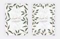 Marble cards with green leaves, geometric golden lines frames. Trendy templates for wedding invitation, banner, flyer, poster, gre