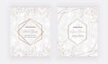 Marble cards with leaves, geometric golden lines frames. Trendy templates for wedding invitation, banner, flyer, poster, greeting.