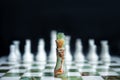 Marble chess board from white and green marble. Black chess king on chessboard against white chess pieces. Concept one against all Royalty Free Stock Photo