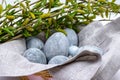 Marble-colored Easter eggs in a linen napkin with willow branches. Easter background Royalty Free Stock Photo