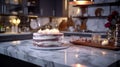 A marble counter top with a cake on it