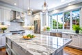 A Marble Countertop with Blurred of a Bright, Modern Kitchen. The Soft Focus on the Interior Background Highlights. Making it Royalty Free Stock Photo