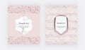 Marble design cards with rose gold confetti and geometric frames. Trendy templates for wedding invitation, banner, flyer, poster,