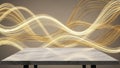 Marble display table in foreground with abstract golden light streaks flowing in the background Royalty Free Stock Photo