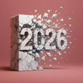 marble 2026 exploding stone numbers with flying fragments on a pink background with ample designspace for creative annual vision p Royalty Free Stock Photo