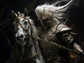 Marble figurine of white horseman of apocalypse in golden armor riding white horse AI