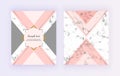 Marble geometric cover design. Pink, grey, golden lines background. Trendy template for banner, card, flyer, invitation, party