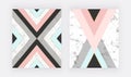 Marble geometric design with pink, blue, black and grey triangular, golden lines. Modern background for wedding invitation, banner