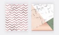 Marble geometric design with pink and green triangular, chevron foil texture. Modern templates for wedding invitation, banner, log