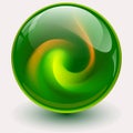Marble green glass ball with redspiral shape inside, shiny sphere with interesting marble pattern Royalty Free Stock Photo